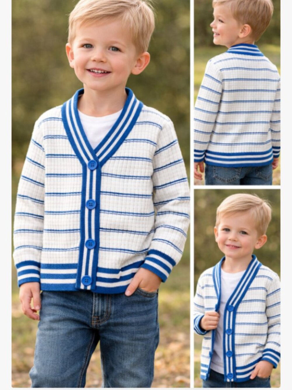 Toddler Blue White Stripe Knit Cardigan Button Sweater Boys Kids
